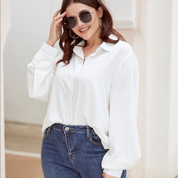 PLUS SIZE WHITE BISHOP SLEEVE BUTTON UP BLOUSE - Picture 3 of 7